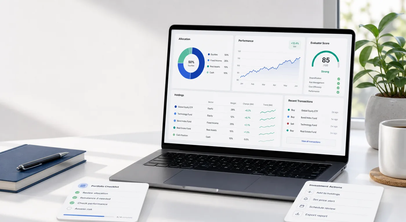 Portfolio dashboard tutorial illustration with allocation, performance, holdings, transactions, and evaluator score panels