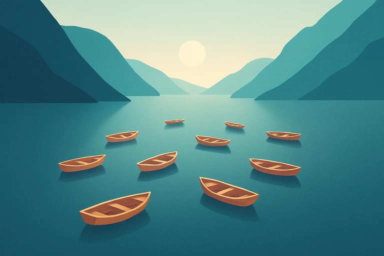 Mange små båter spredt utover en stille fjord