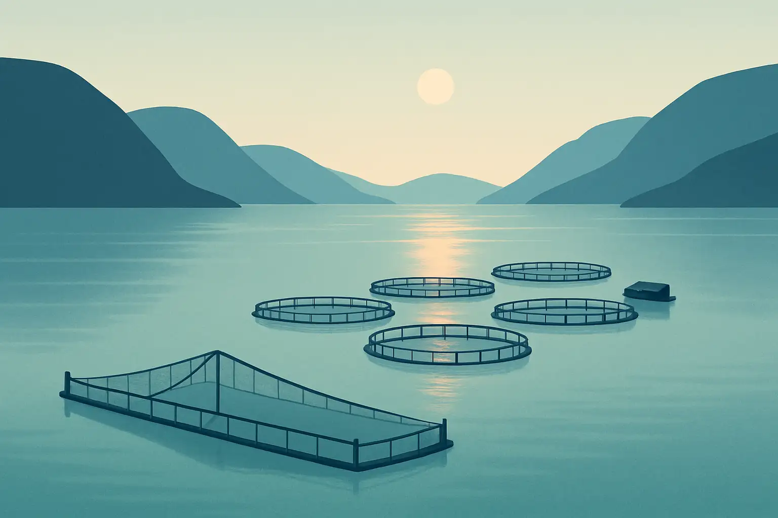 Merder med oppdrettslaks i en norsk fjord i morgenlys